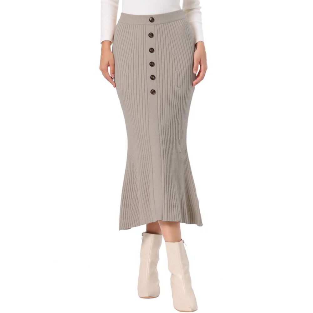 Women's Elastic Waist Fishtail Knit Maxi Sweater Skirt Khaki